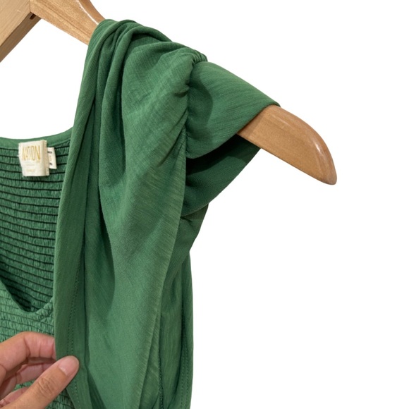 Nation LTD Jacie midi dress S green tiered smocked nap flutter Pima cotton NWT - Picture 10 of 11